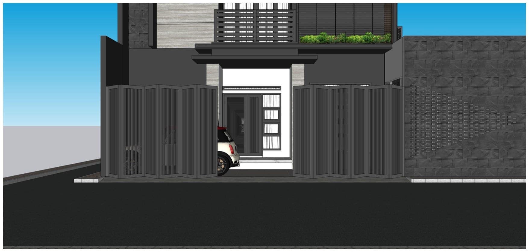 Render gerbang dan area carport Cerita Kos.